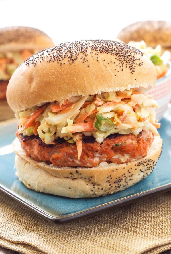 Teriyaki Salmon Burgers with Asian Slaw