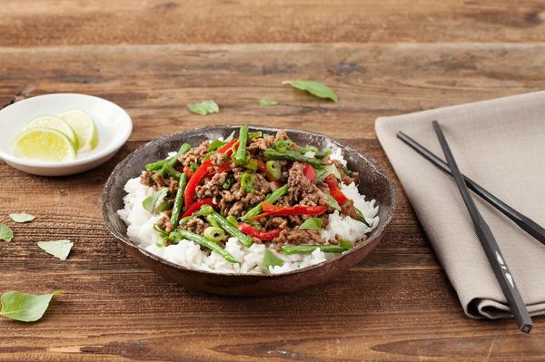 Thai Beef Stir-Fry with Basil, Coconut Rice, and Crispy Green Beans