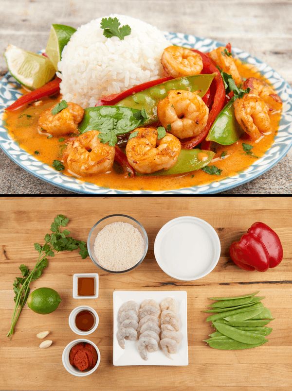 Thai Red Curry Shrimp with jasmine rice and snow peas