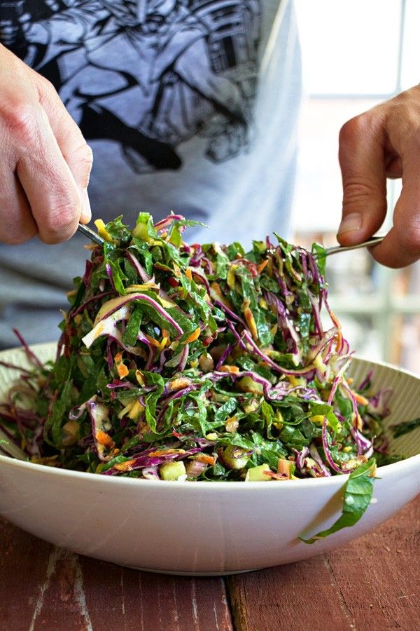 The Perfect Picnic Salad - Shredded Chard and Cabbage Salad with Green Goddess Dressing