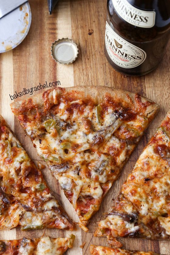 Thin Crust Guinness Pizza with Shredded Beef, Mushrooms and Peppers