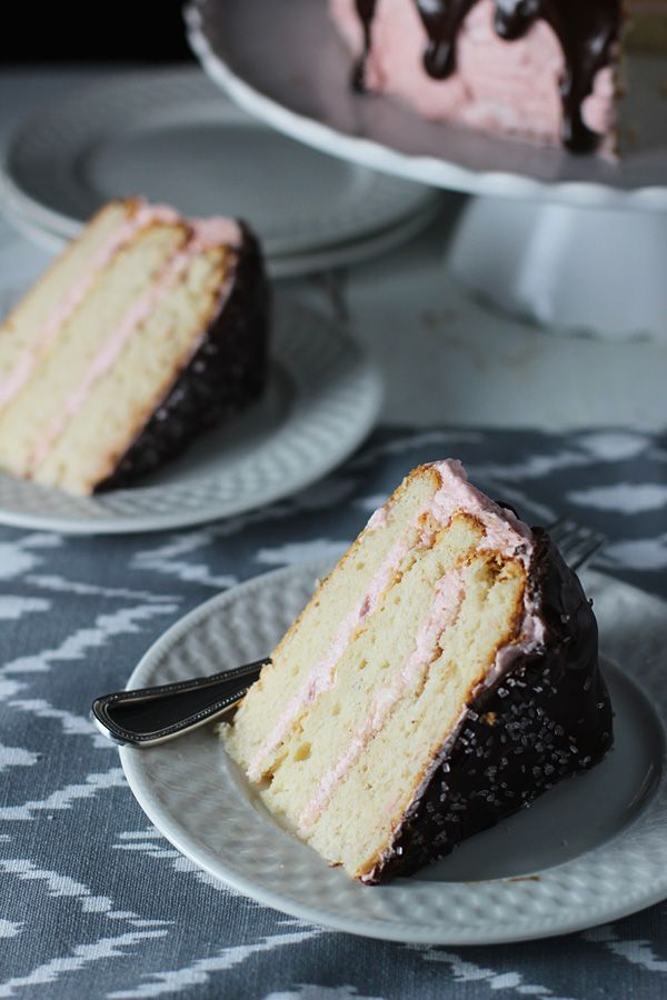 Three Layer Vanilla Cake with Strawberry Swiss Meringue Buttercream and Chocolate Glaze