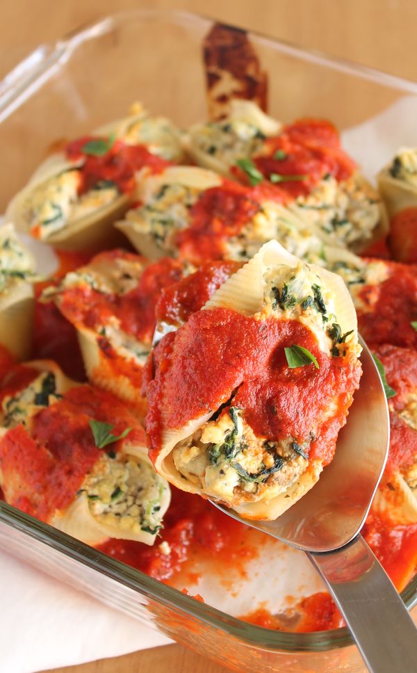 Tofu “Ricotta” Stuffed Shells with Spinach and Eggplant