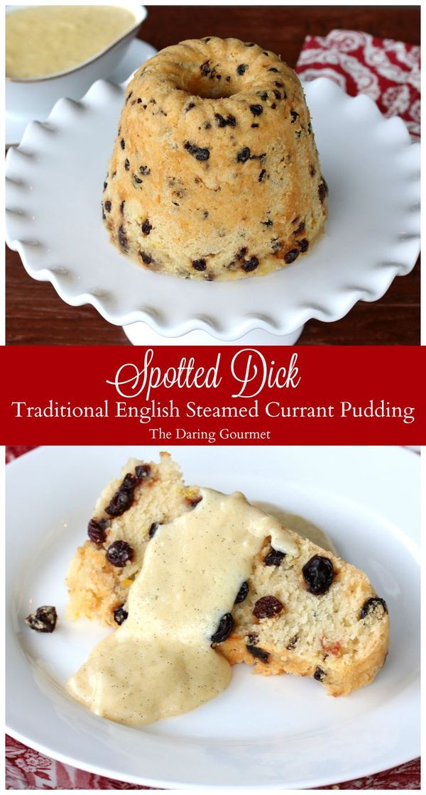 Traditional Spotted Dick (English Steamed Currant Pudding with Vanilla Custard