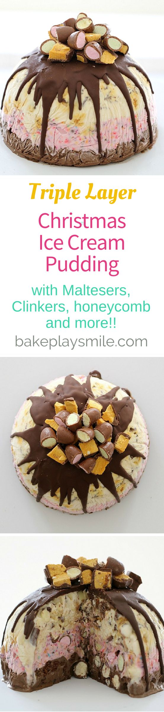 Triple Layer Christmas Ice-Cream Pudding with Choc Honeycomb, Clinkers, Maltesers & More