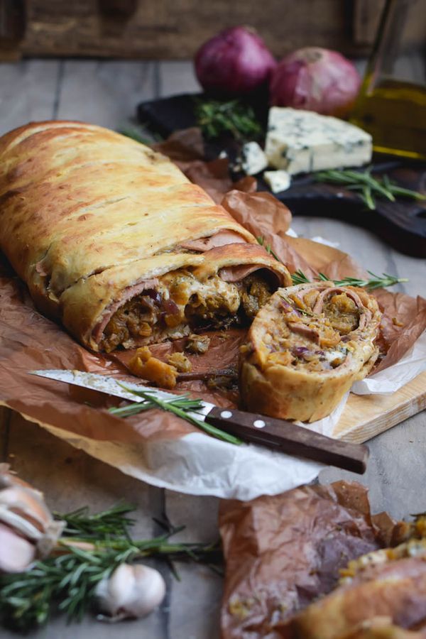 Turkey, Blue Cheese, Balsamic Butternut Squash Stromboli