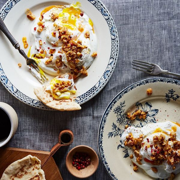 Turkish-Style Poached Eggs With Garlic Yogurt, Chili Flakes & Walnut Butter