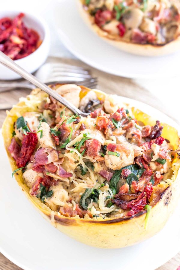 Tuscan Chicken Spaghetti Squash Boats