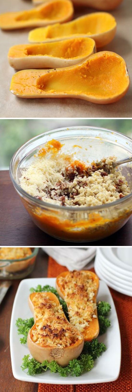 Twice-Baked Butternut Squash with Quinoa, Pecans, and Parmesan