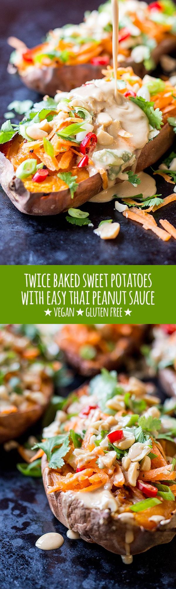 Twice baked sweet potatoes with easy Thai peanut sauce