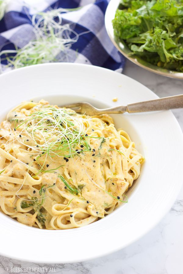 Vegan Butternut Squash Pasta with Kale and Onion Sprouts