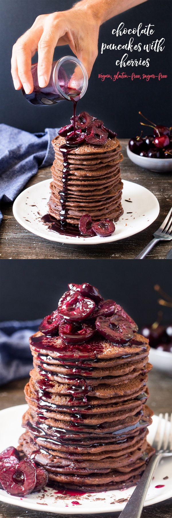 Vegan chocolate pancakes with cherries