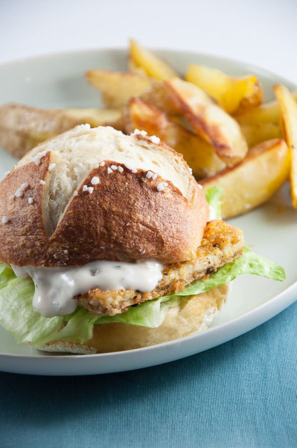 Vegan Fish Burger with homemade Pretzel Rolls