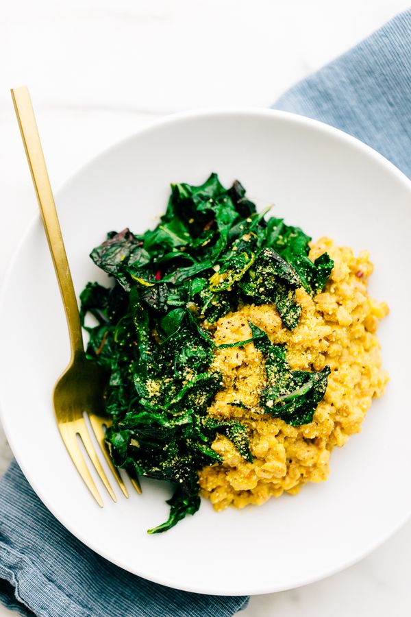 Vegan Parmesan Farro Risotto with Garlicky Greens