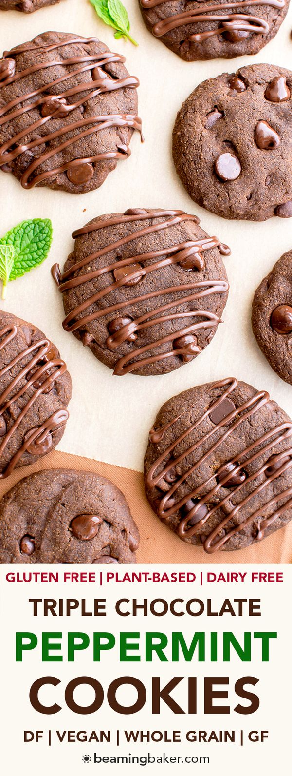 Vegan Triple Chocolate Peppermint Cookies (V, Gluten Free, Oat Flour, Dairy-Free, Soft-Baked