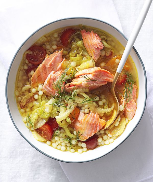 Vegetable Soup With Pearl Couscous and Salmon