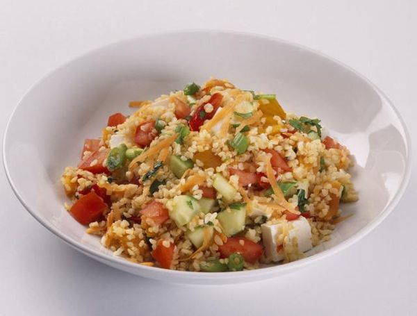 Vegetarian bulgur wheat pilaf with onions, bell pepper and celery