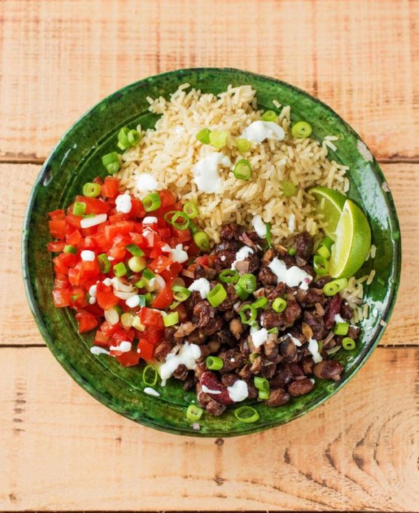 Vegetarian Burrito Bowl with Salsa, Crispy Black Beans, and Monterey Jack