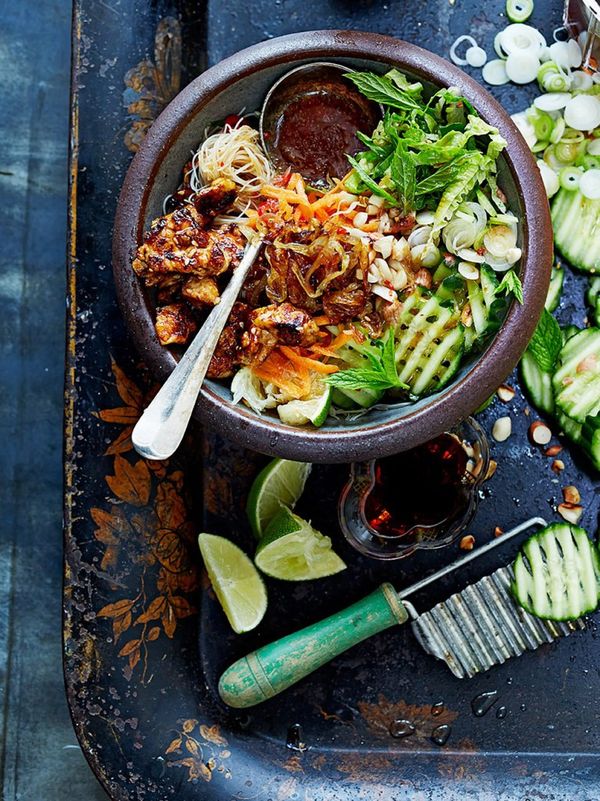 Vietnamese bun cha with sticky spicy tofu