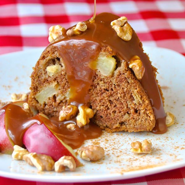 Warm Apple Cake with Caramel Sauce and Toasted Walnuts