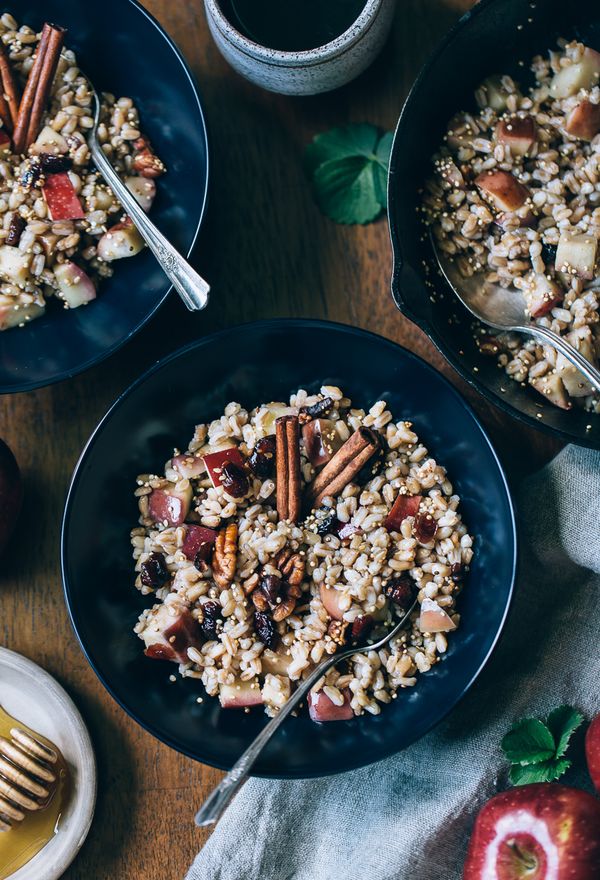 Warm Farro Breakfast Bowl with Cinnamon Apples