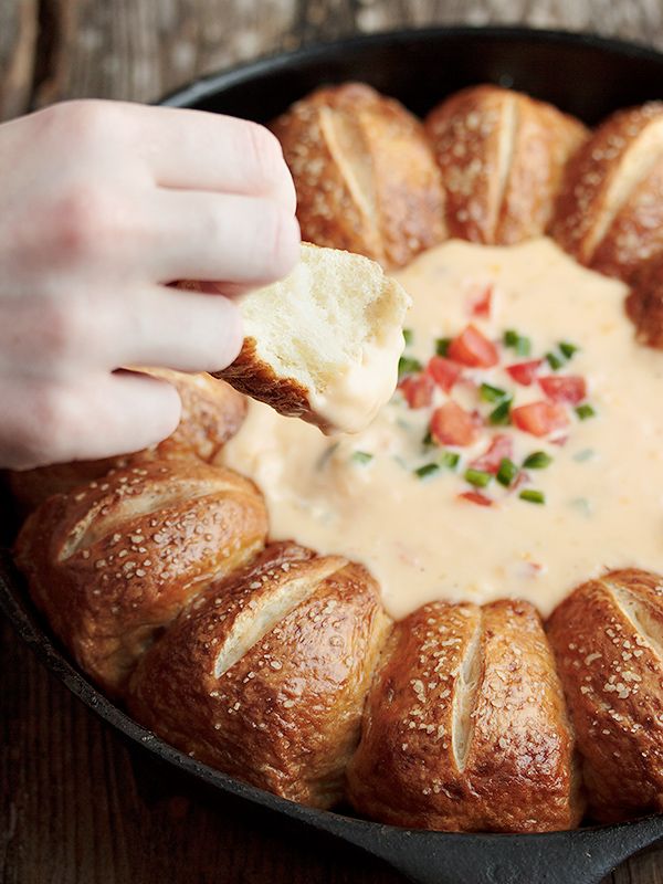 Warm Skillet Pretzels Rolls and Mexican Cheese Dip