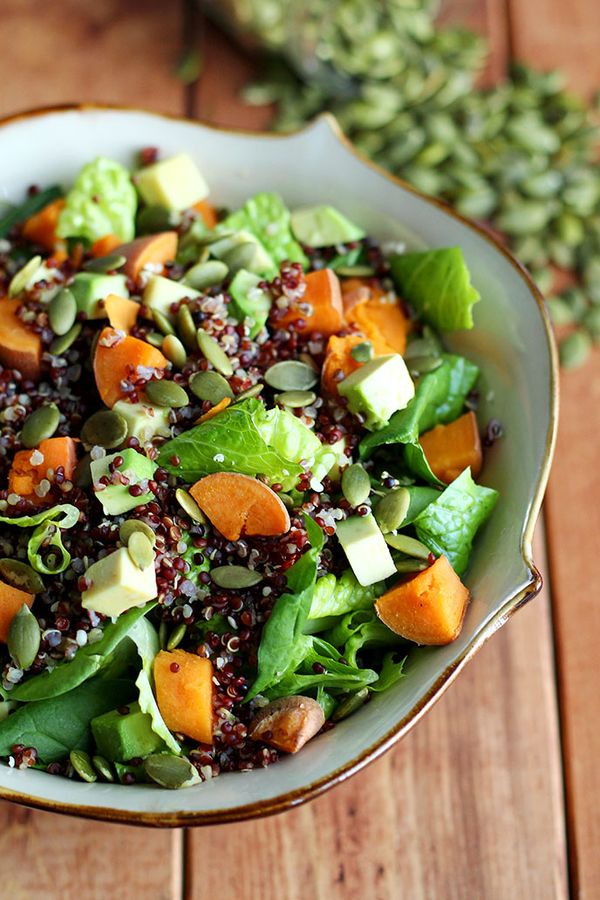 Warm Sweet Potato & Quinoa Salad with Spicy Peanut Sauce