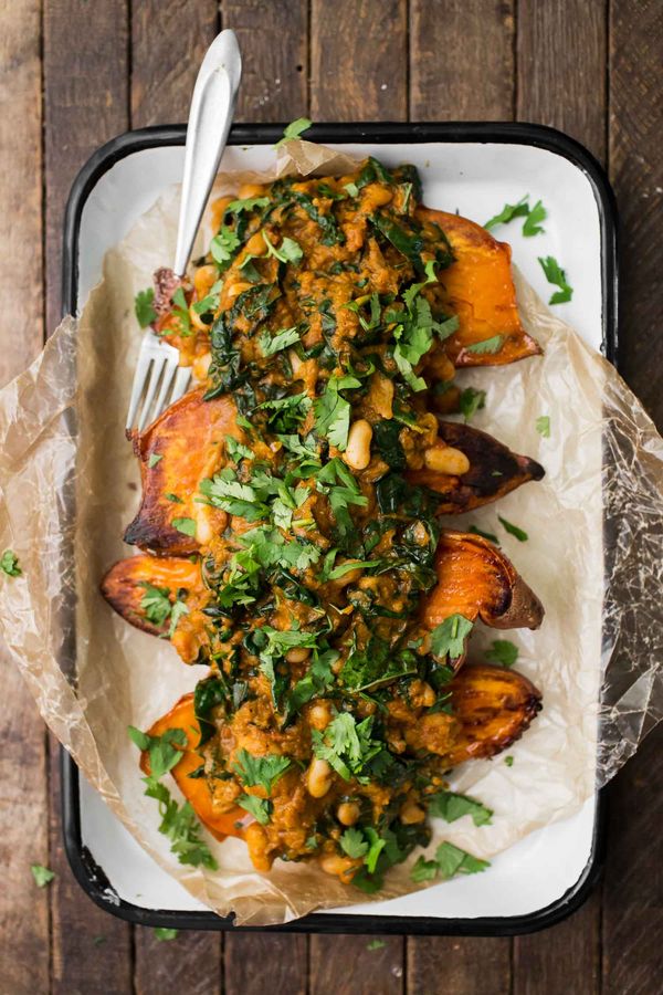 White Bean Masala Smothered Sweet Potato