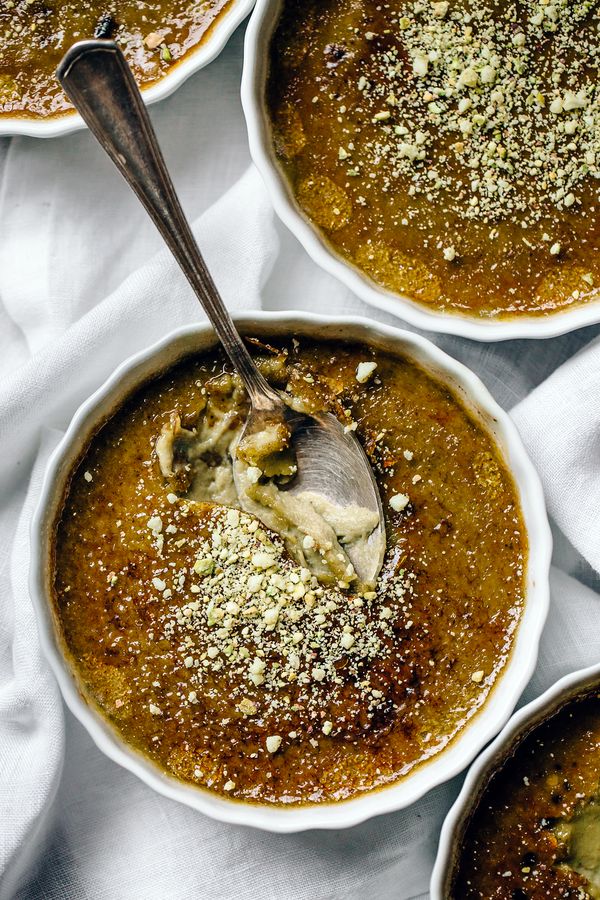 White Chocolate Matcha Crème Brûlée with Pistachio Crumble