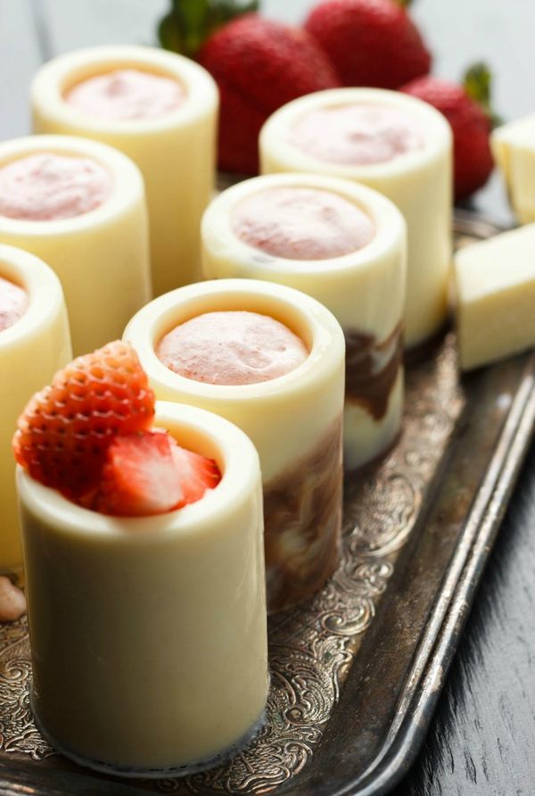 White Chocolate Shot Glasses with Strawberry Mousse