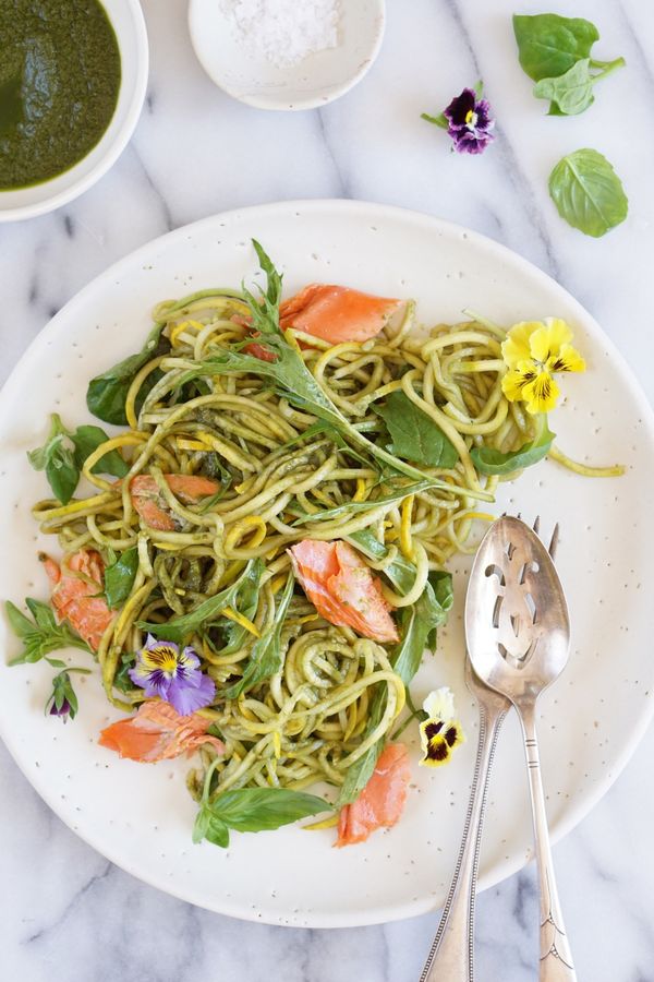 Wild Salmon with Zucchini Noodles, Baby Leaves and a Basil Dressing