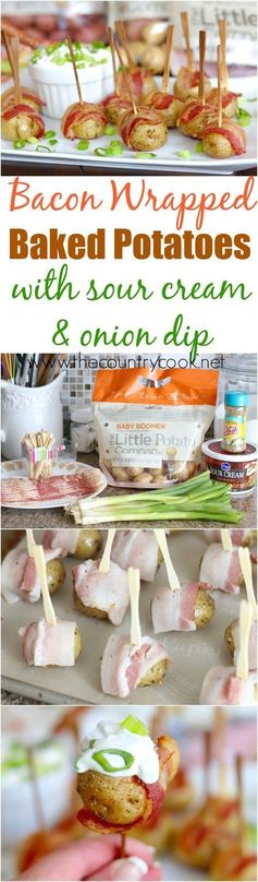 Bacon Wrapped Potatoes with Sour Cream & Onion Dip