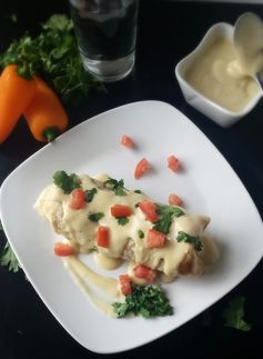 Baked Chicken Chimichangas with Creamy Cheese Sauce