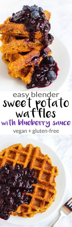 Blender Sweet Potato Waffles with Blueberry Sauce (vegan + gluten-free