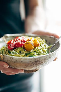 Burst Tomato and Zucchini Spaghetti with Avocado Sauce