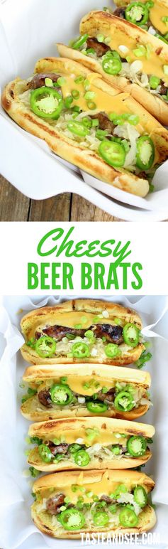 Cheesy Beer Brats with Fried Pickles