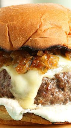 French Dip Burger with Havarti, Swiss and Bourbon Fried Onions