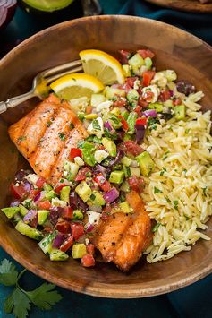 Grilled Salmon with Avocado Greek Salsa and Orzo