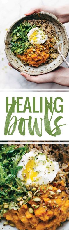 Healing Bowls with Turmeric Sweet Potatoes, Poached Eggs, and Lemon Dressing