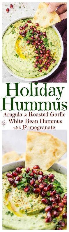 Holiday Hummus (Arugula & Roasted Garlic White Bean Hummus with Pomegranate