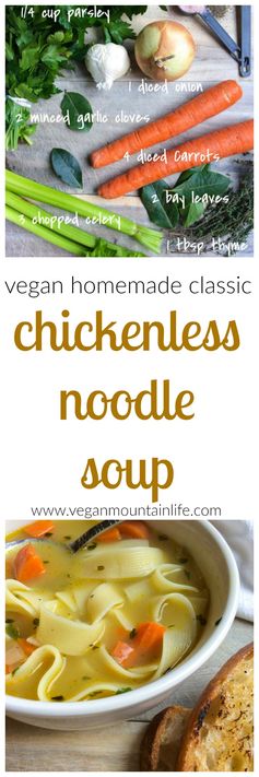 Homemade vegan “chicken” noodle soup