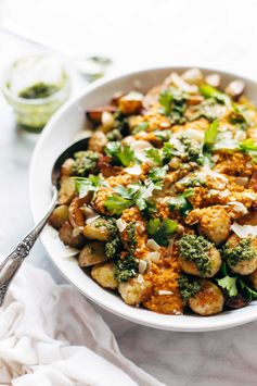 Mini Chicken Meatballs with Crispy Potatoes and Romesco