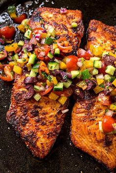 Pan Seared Salmon with Mediterranean Salsa Fresca and Toasted Couscous