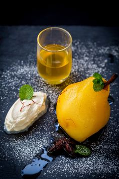 Poached Saffron Pears and Mascarpone with Marsala Wine