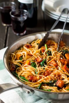 Pumpkin, spinach and walnut spaghetti