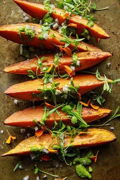 Roasted Sweet Potato Wedges with Cilantro Tahini Sauce