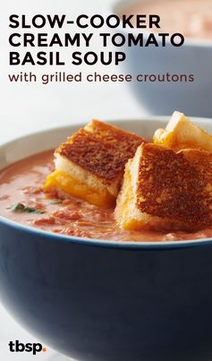 Slow-Cooker Creamy Tomato Basil Soup with Grilled Cheese Croutons