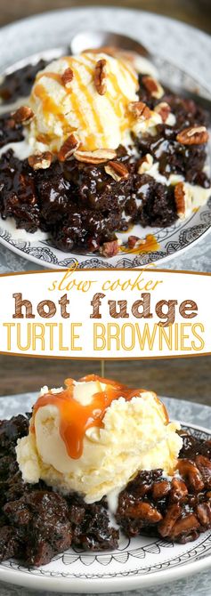 Slow Cooker Hot Fudge Turtle Brownies