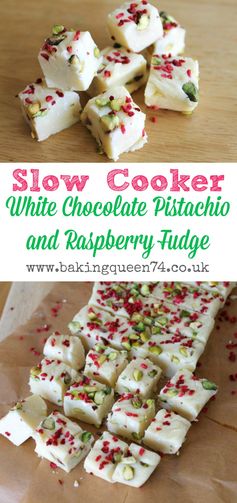 Slow Cooker White Chocolate Pistachio and Raspberry Fudge