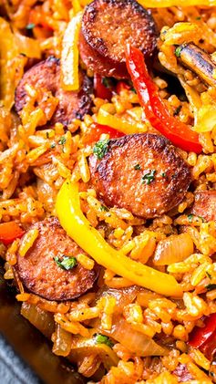 Smoked Sausage and Red Rice Skillet with Charred Onions and Peppers